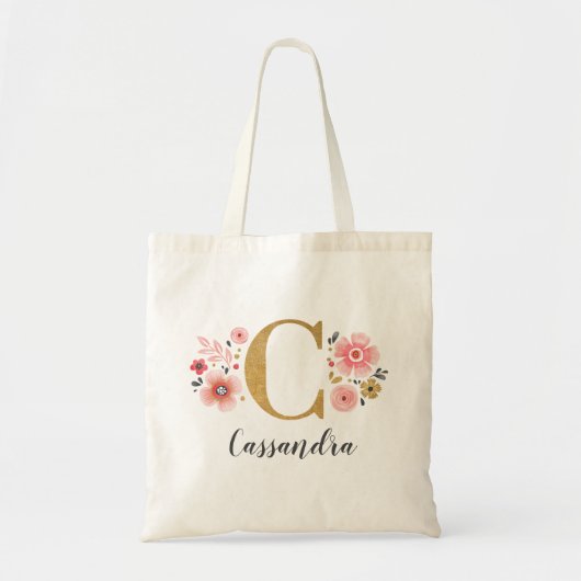 Trendy Gold Monogram Initiaal Letter "C" Floral Tote Bag (Voorkant)