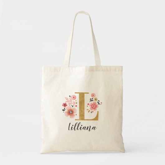Trendy Gold Monogram Naam Initiaal Bloemen Tote Bag (Voorkant)