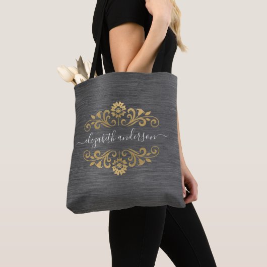 Trendy Gold Monogram Name Script Canvas tas (Dichtbij)