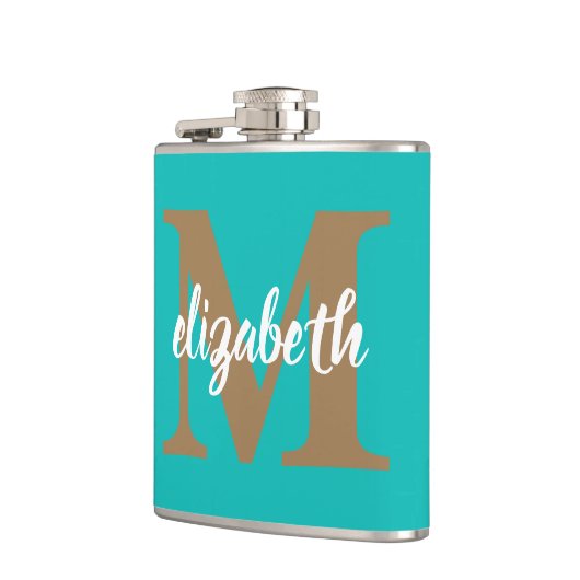 Trendy Gold Monogram Script Name op Turquoise Heupfles (Links)