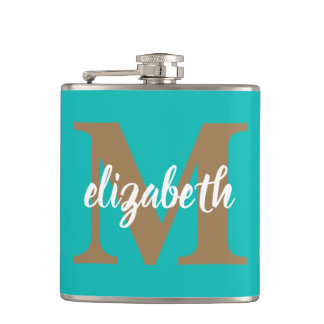 Trendy Gold Monogram Script Name op Turquoise Heupfles