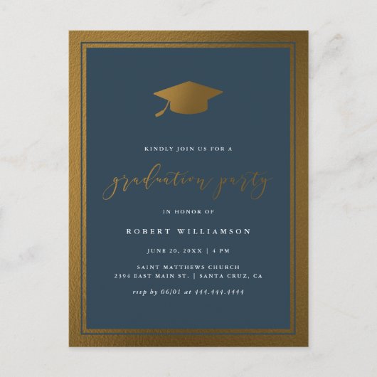 Trendy Gold Pet & Navy Graduation Party Uitnodiging Briefkaart (Voorkant)