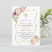 Trendy Gold Pink Floral Baptisme First Birthday Kaart (Staand voorkant)