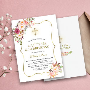Trendy Gold Pink Floral Baptisme First Birthday Kaart