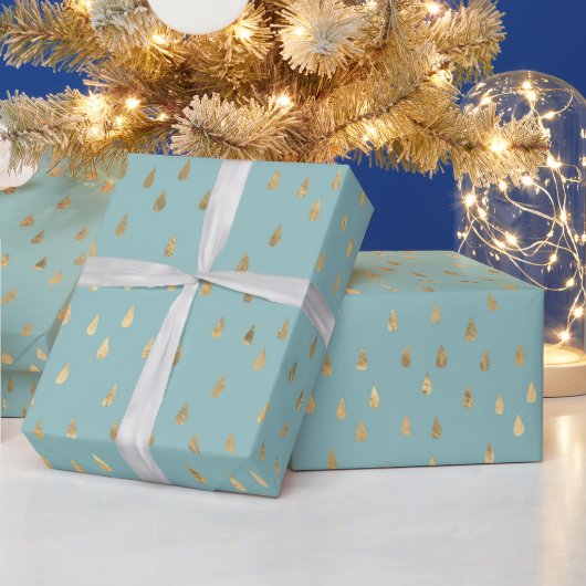 Trendy Gold Raindrops Cyan Cadeaupapier (Feestdagen)