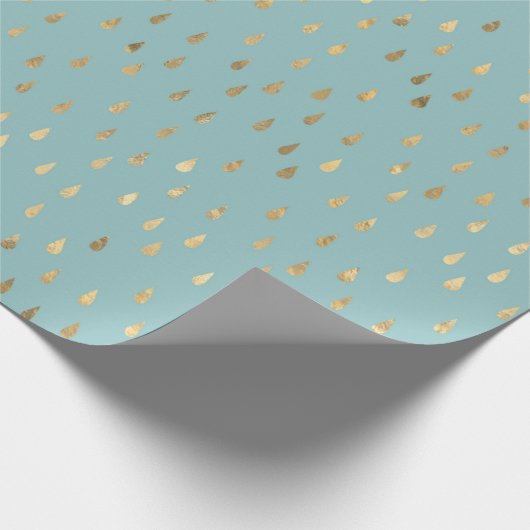 Trendy Gold Raindrops Cyan Cadeaupapier (Hoek)
