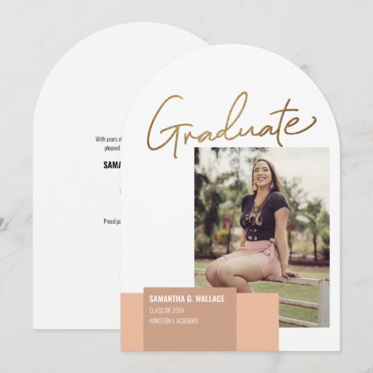 Trendy Gold-script Afstuderen Foto Kaart (Voorkant / Achterkant)