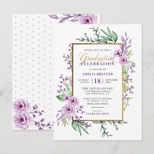 Trendy Gold Script Paars Floral Gradual Party Uitnodiging Briefkaart (Voorkant / Achterkant)