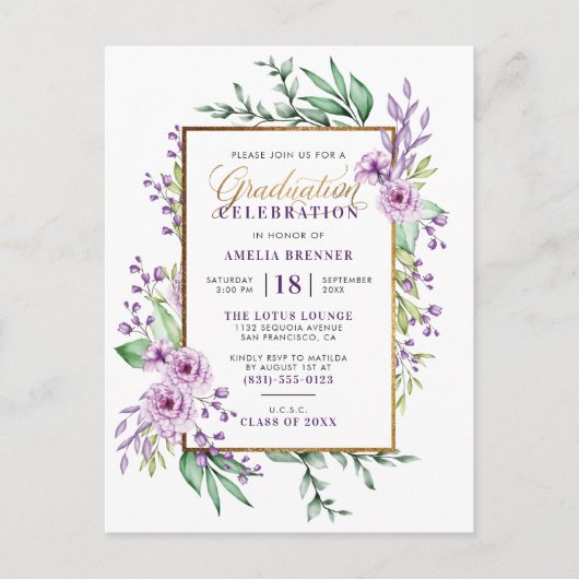 Trendy Gold Script Paars Floral Gradual Party Uitnodiging Briefkaart (Voorkant)