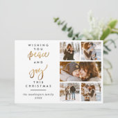 Trendy Gold Script Peace & Joy Christmas 5 Foto Kaart (Staand voorkant)
