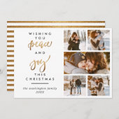 Trendy Gold Script Peace & Joy Christmas 5 Foto Kaart (Voorkant / Achterkant)