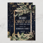 Trendy Gold Splatter Foliage Navy Blue Kerstmis Feestdagenkaart (Voorkant / Achterkant)