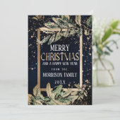 Trendy Gold Splatter Foliage Navy Blue Kerstmis Feestdagenkaart (Staand voorkant)
