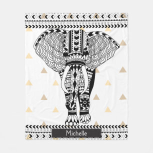 Trendy Gold Triangles Tribal Patterned Elephant Fleece Deken