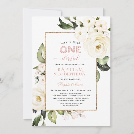 Trendy Gold White Floral Baptism First Birthday Kaart (Voorkant)