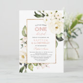 Trendy Gold White Floral Baptism First Birthday Kaart (Staand voorkant)