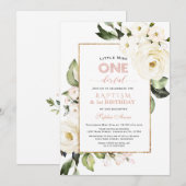 Trendy Gold White Floral Baptism First Birthday Kaart (Voorkant / Achterkant)