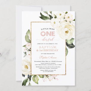 Trendy Gold White Floral Baptism First Birthday Kaart