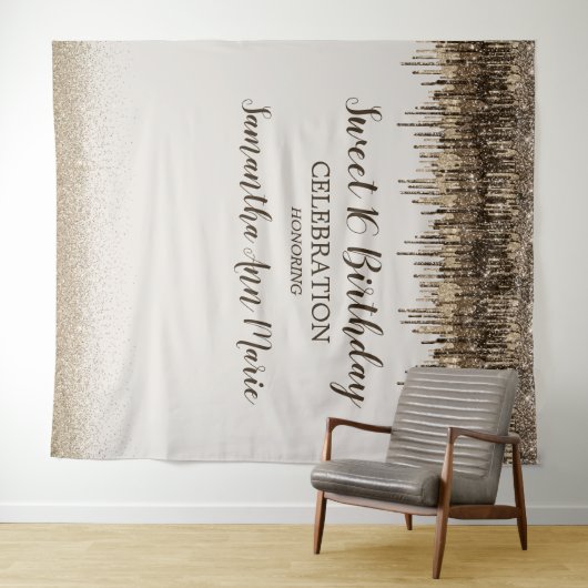 Trendy Goud Bruin Glam Drips Sweet 16 Verjaardag Wandkleed (In Situ (horizontaal))