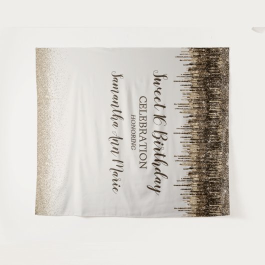 Trendy Goud Bruin Glam Drips Sweet 16 Verjaardag Wandkleed (Voorkant (horizontaal))