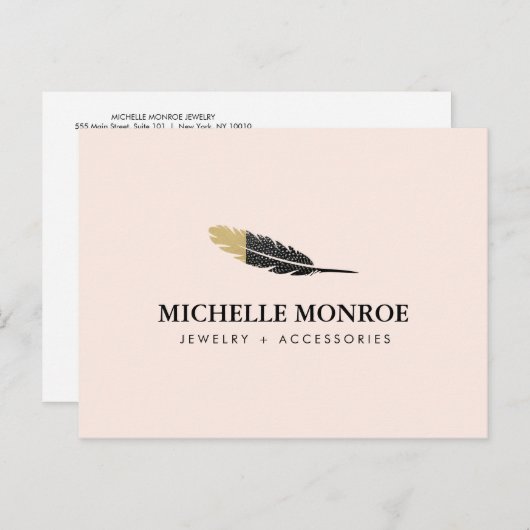Trendy Goud Dipped Boho Feather Designer Roze Briefkaart (Voorkant / Achterkant)