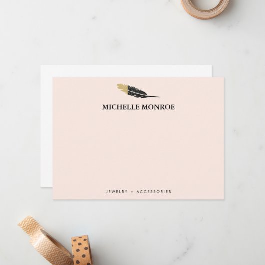 Trendy Goud Dipped Boho Feather Designer Roze Notitiekaartje (Voorkant / Achterkant in situ)