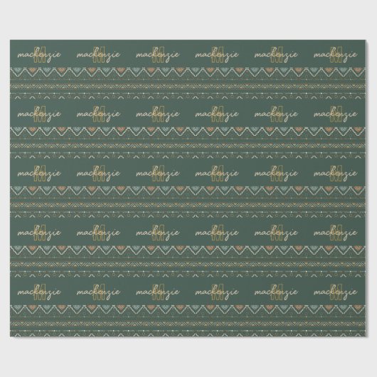 Trendy Goud Monogram op Donkergroene Boho Tribal Cadeaupapier (Vlak)