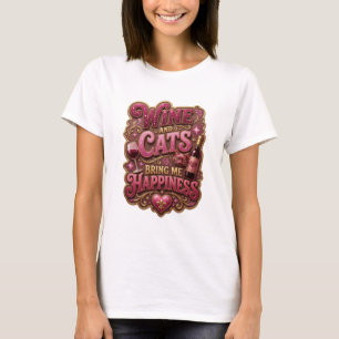 Trendy Goud WIJN EN KATTEN BRENGEN ME GELUK Print T-shirt