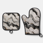 Trendy Goud Zwart-Wit Marmer Ovenwant & Pannenlap Set (Voorkant)