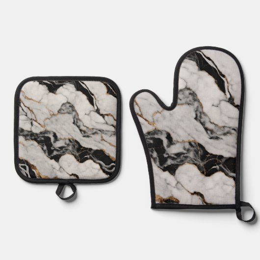 Trendy Goud Zwart-Wit Marmer Ovenwant & Pannenlap Set (Voorkant)