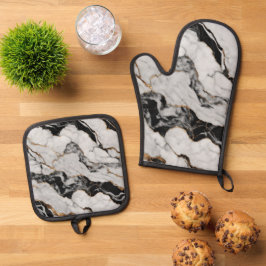 Trendy Goud Zwart-Wit Marmer Ovenwant & Pannenlap Set