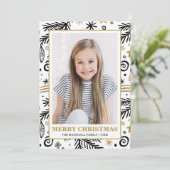 Trendy Goud Zwart Wit Pines Kerstmis foto Kaart (Staand voorkant)