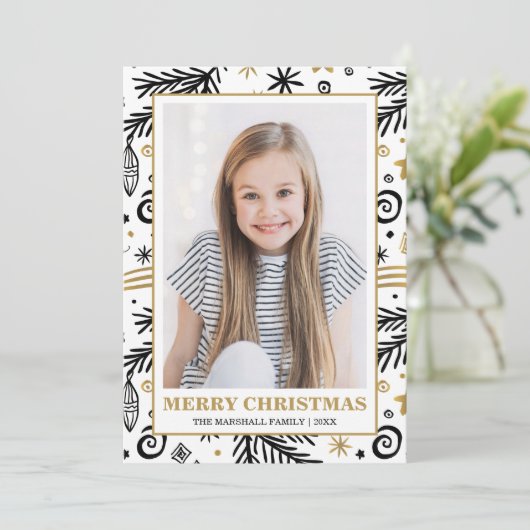 Trendy Goud Zwart Wit Pines Kerstmis foto Kaart (Staand voorkant)