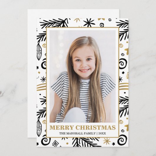 Trendy Goud Zwart Wit Pines Kerstmis foto Kaart (Voorkant / Achterkant)