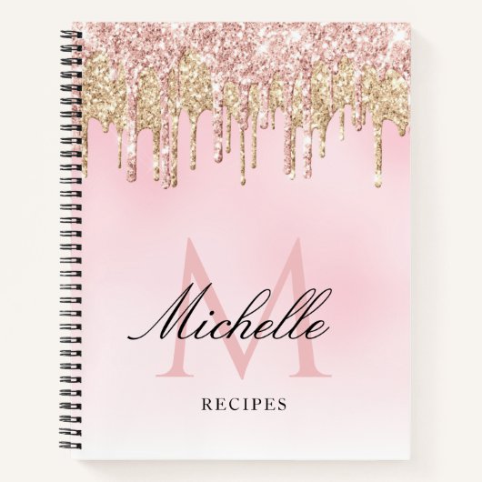 trendy gouden en roze glinsterend monogram recepte notitieboek (Voorkant)