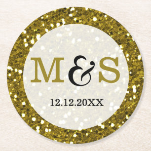 Trendy Gouden Glitter Monogrammed Wedding Ronde Kartonnen Onderzetter