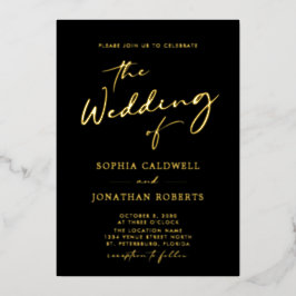 Trendy gouden kalligrafie op zwarte trouwkaart folie uitnodiging