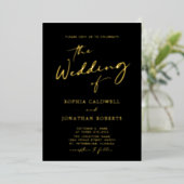 Trendy gouden kalligrafie op zwarte trouwkaart folie uitnodiging (Staand Voorkant)