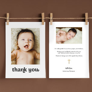 Trendy Gouden kruis Modern 2 Baby Foto's Doop Bedankkaart
