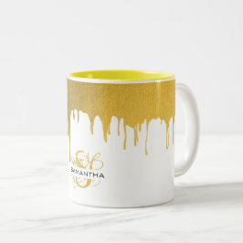 Trendy Gouden Metallic Druppels Monogram Tweekleurige Koffiemok