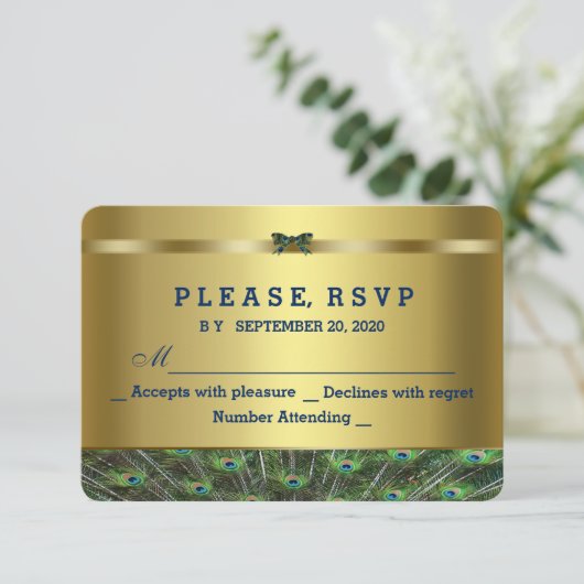 Trendy Gouden Pauw Trouwen Custom RSVP (Staand voorkant)