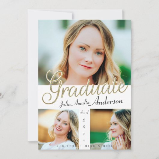 Trendy gouden script overlay drie foto Afstuderen Aankondiging (Voorkant)