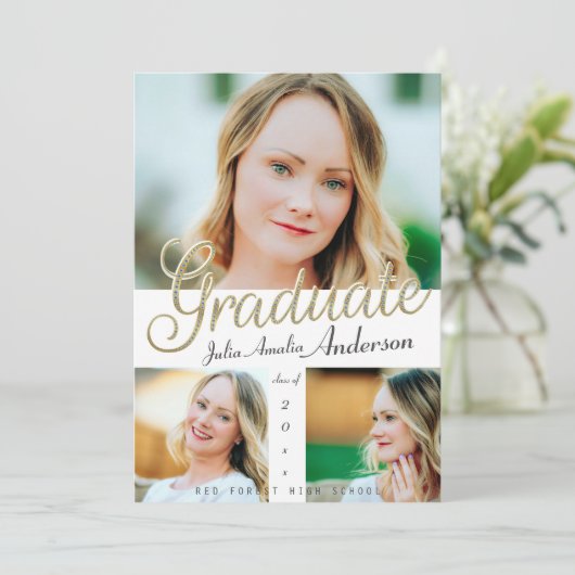 Trendy gouden script overlay drie foto Afstuderen Aankondiging (Staand voorkant)