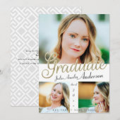 Trendy gouden script overlay drie foto Afstuderen Aankondiging (Voorkant / Achterkant)