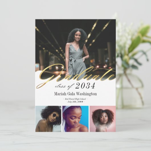 Trendy gouden script vier foto collage Afstuderen (Staand voorkant)