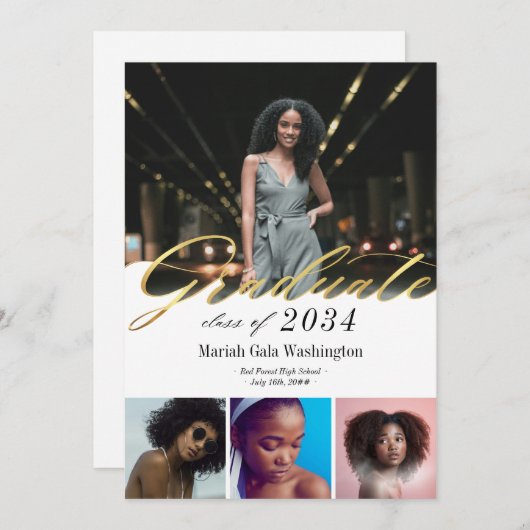 Trendy gouden script vier foto collage Afstuderen (Voorkant / Achterkant)