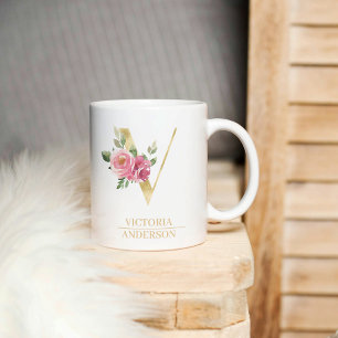 Trendy Gouden Waterverf Bloemenletter V   Monogram Koffiemok