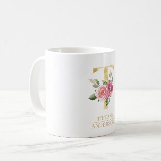 Trendy gouden Waterverf bloemletter T | Monogram Koffiemok (Voorkant links)