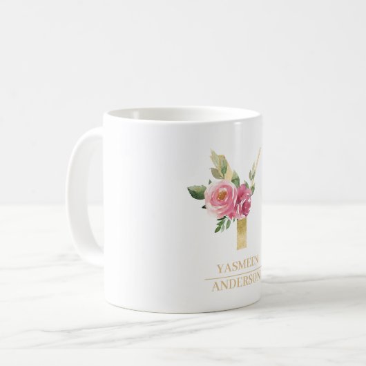 Trendy gouden Waterverf bloemletter Y | Monogram Koffiemok (Voorkant links)