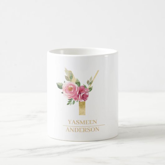 Trendy gouden Waterverf bloemletter Y | Monogram Koffiemok (Center)